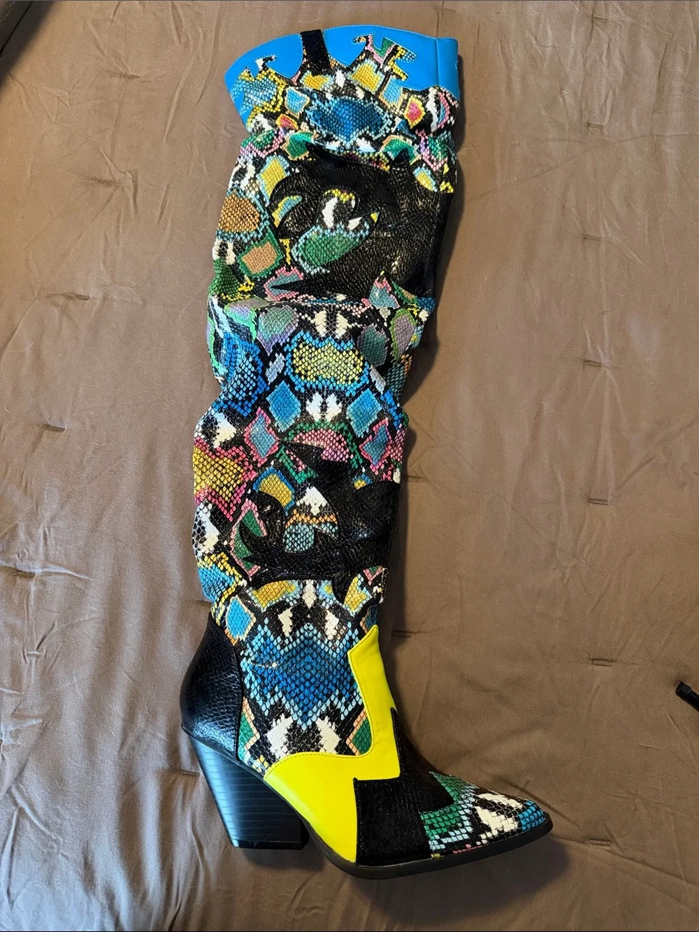 Over-the-Knee Snake-Print Boots with Neon Accents